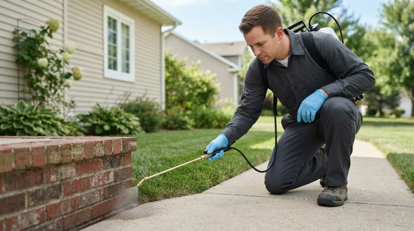 Pest control technician treating a home near Sharon, OK