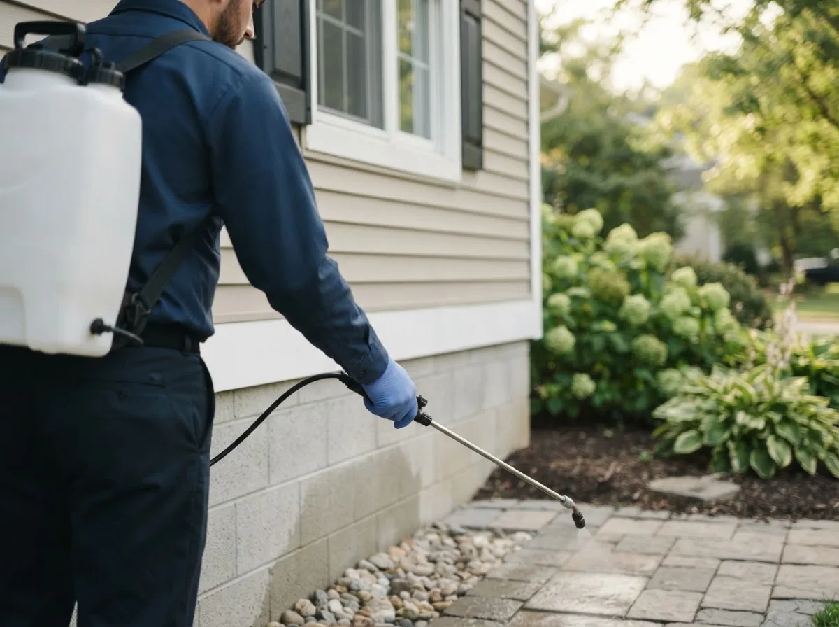 Pest control technician inspecting a home in Sharon, OK